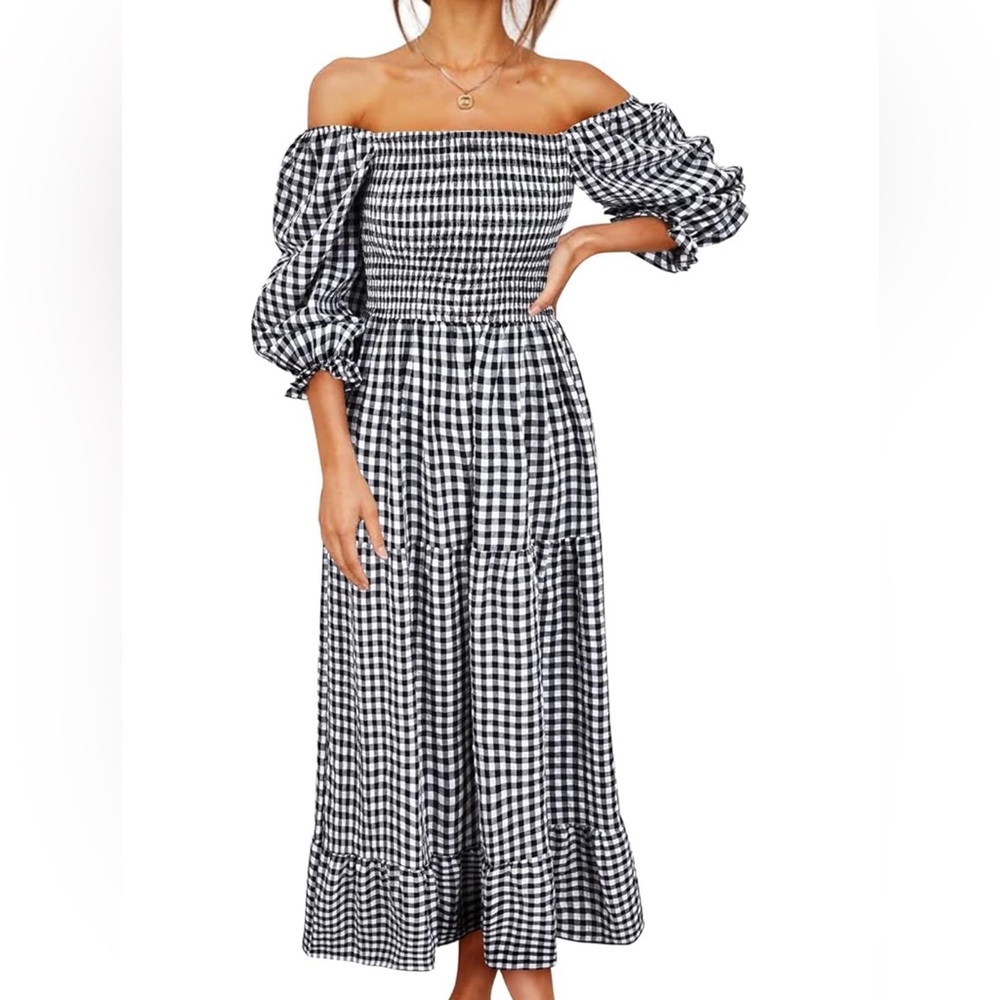 Gingham Black and White Checkered Off Shoulder Dress